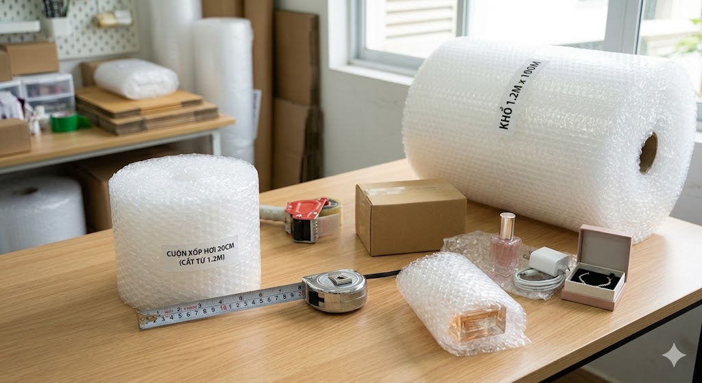 Cuộn xốp hơi 20cm cắt từ cuộn xốp hơi 1m2 làm 6 phần bằng nhau
